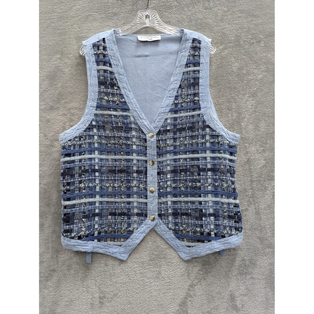 Victoria Jones Vest Womens Large Blue Plaid‎ Sheer Chambray Button Front Belted